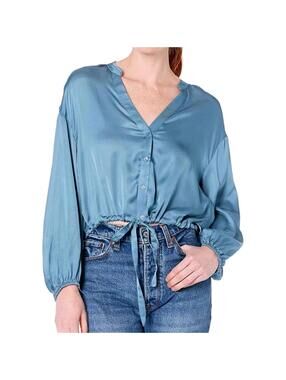 Guess Women's Cropped Satin Button-Up Blouse Cyclone Blue Size XS NWT